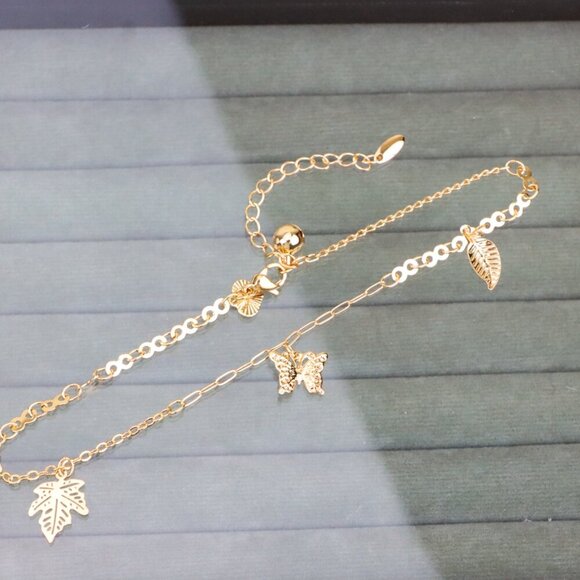 "Rose Gold Anklet with Butterfly & Leaf Charms, XPAL1169 - Picture 1 of 12